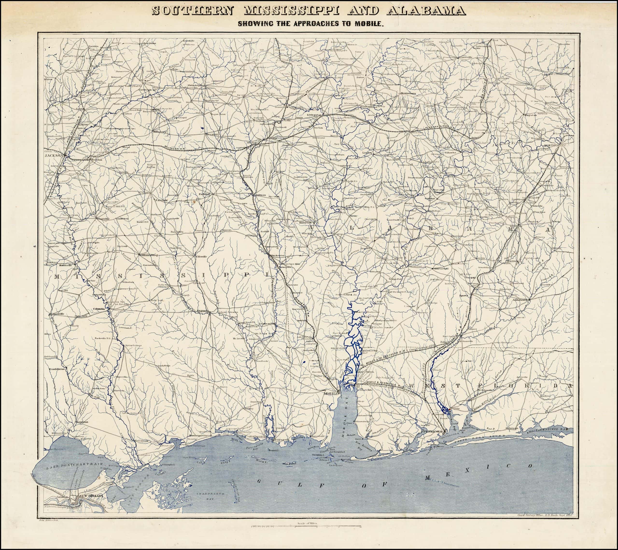 Exceptional Alabama and Mississippi map prepared for the Union Army